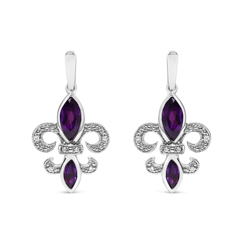 .925 Sterling Silver Marquise Cut Amethyst and Diamond Accent Fleur De Lis Dangle Stud Earrings (H-I Color, SI1-SI2 Clarity)