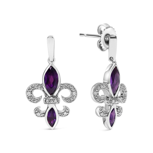 .925 Sterling Silver Marquise Cut Amethyst and Diamond Accent Fleur De Lis Dangle Stud Earrings (H-I Color, SI1-SI2 Clarity) - image 2